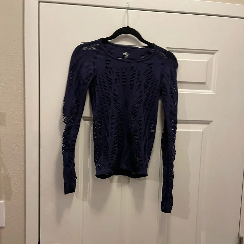 ALO Yoga Navy Blue Long Sleeve Laser-Cut Top